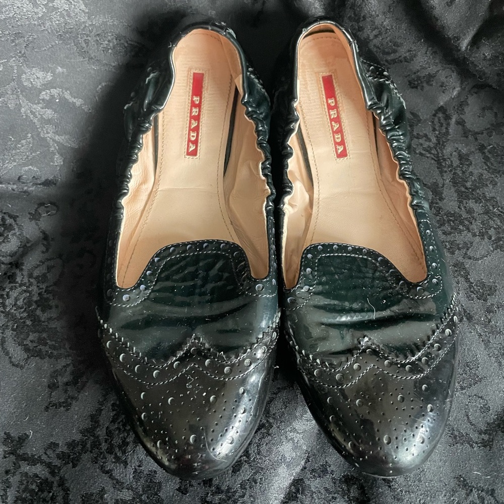 Vintage Y2K Black Patent Leather Prada Flats